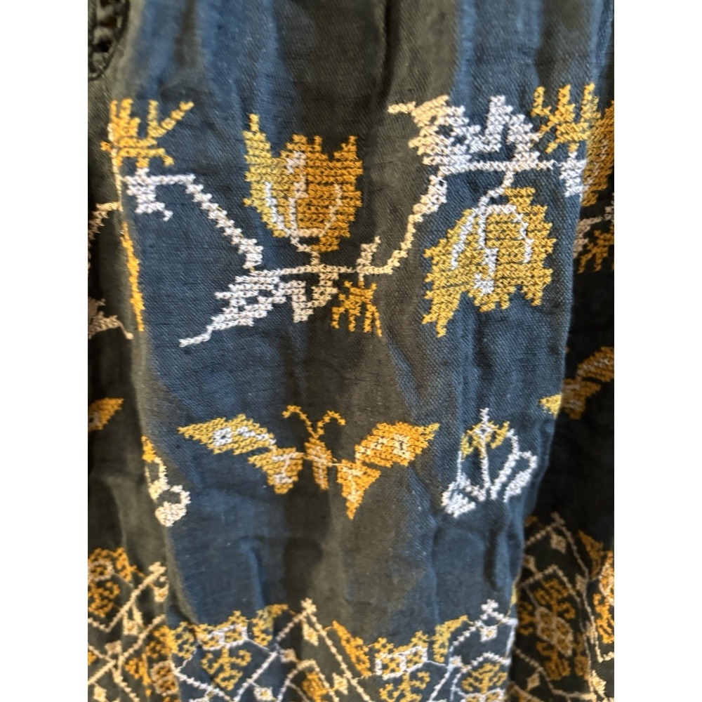 FREE PEOPLE Teal Blue Butterfly Flower Embroidered Dress S V Neck Boho - Picture 2 of 7